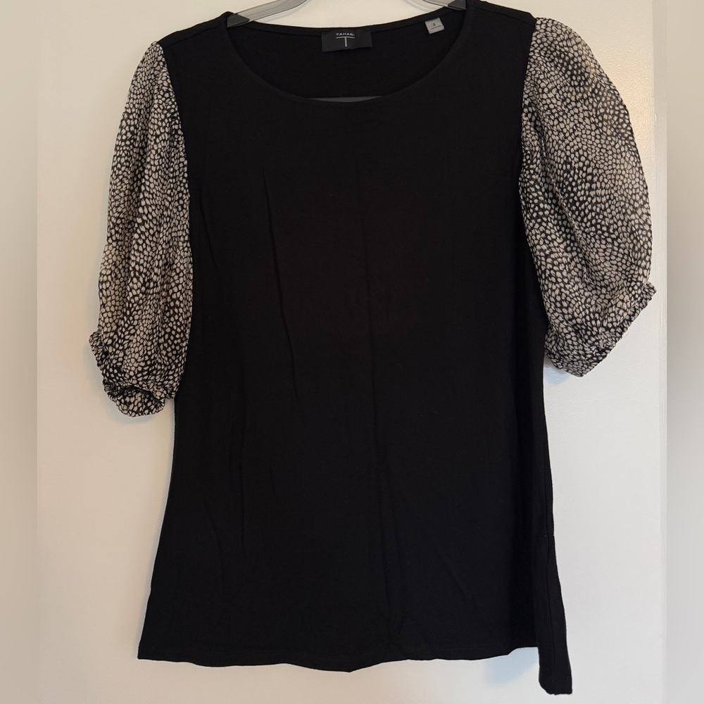 Tahari Black Top with Patterned Sleeves